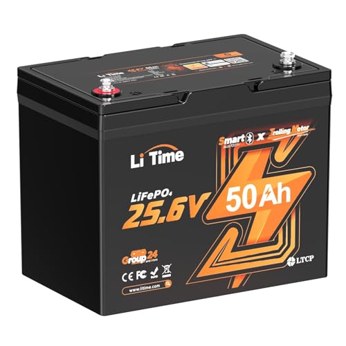 LiTime Bateria de lítio 24 V 50 Ah TM Bluetooth bateria LiFePO4 com 50 A BMS e proteção baixa temperatura, 4000 centímetros, para auto-caravana caravana caravana motor de pesca elétrica