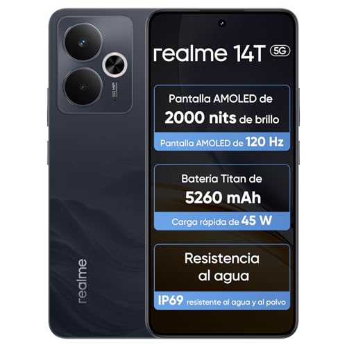 realme 14T 5G Smartphone 8 + 256 GB, chipset Dimensity 6300, Display Esports AMOLED 120Hz de 6,67", capacidade super L de 5260 mAh, IP69 impermeável, design de surf, Next Ai, obsidiana preta (sem
