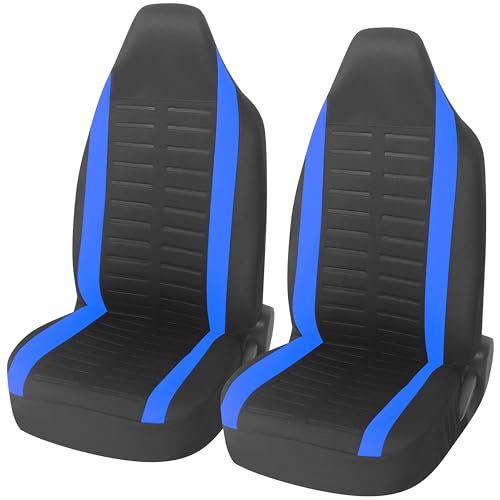 Upgrade4cars Capas de assento dianteiro para carro com encosto de cabeça integrado universais preto azul | cobertura universal | protetor de assento dianteiro para motorista e copiloto