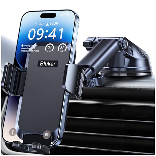 Blukar Suporte móvel para carro, [ventosa ultra potente] suporte de telemóvel carro universal para para-brisas & salpicadeiro, libertação de um botão e rotação de 360°, porta-telemóvel carro para