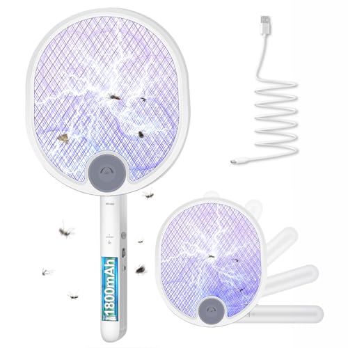 WOCVRYY 3 em 1 Raquete mosquitos elétrico dobrável 4000 V 1800 mAh USB recarregável mosquito killer armadilha mosquitos portátil 3 camadas malha de segurança base suporte de parede interior exterior