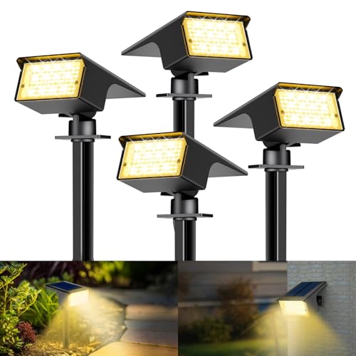 kolpop Luzes solares LED para exterior e jardim [4 peças/77 LED], 3000 K luz solar quente exterior, impermeável IP65, 1800 LM Focos solares para pátio, piscina, vasos, chão, terraço, relva, terraço