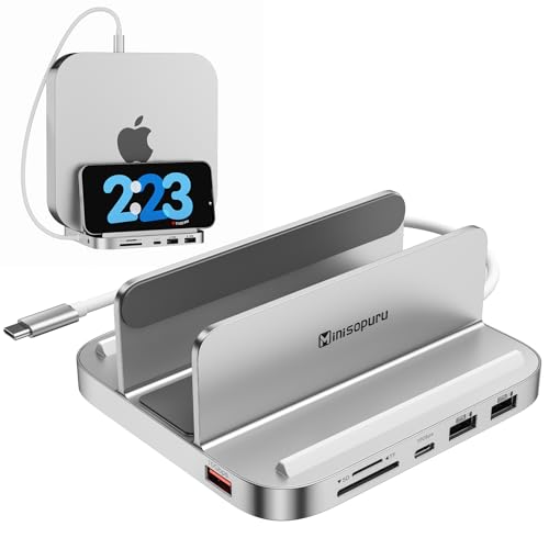 Minisopuru Upgrade para Mac Mini Dock suporta 10 Gbps USB C/A, TF e cartão SD, conector de áudio, Mac Mini hub e Stand com M.2 NVMe SSD (não incluído), para Mac Mini M2 / M2 Pro / M1 (Not for Mac Mini