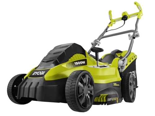 RYOBI - Corta-relvas elétrico de 36 cm de 1500 W - Coletor e Mulching - Altura ajustável de 5 posições - Guiador ajustável e para-choques embutido, Easy Edge Saco de 45 l incluído - RLM15E36H