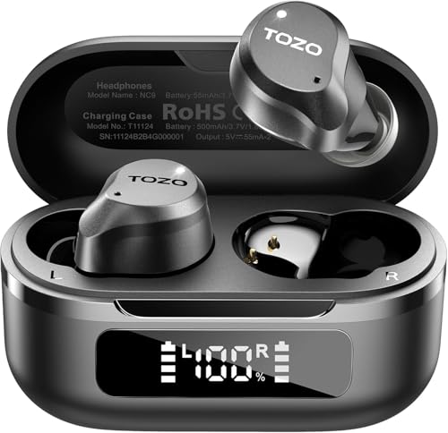 TOZO Hybrid Auriculares sem fios Bluetooth 5.3 com híbrido ANC 6 Mics ENC ORIGX 2.0 acústico EQs ajuste 59H reprodução LED ecrã USB tipo C IPX8 preto