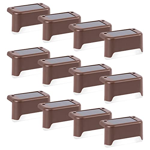GIGALUMI Luzes solares para exteriores pack de 12, luzes para escadas, impermeáveis, iluminação LED para escadas exteriores, degraus, cercas, pátios, terraços, castanho, frio branco