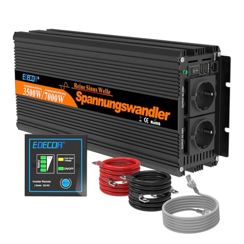 EDECOA Inversor de onda pura conversor 12 v 220 v 3500 w com controlo remoto 2 USB transformador 12 v 230 v 3500 w onda pura e momentâneo de 7000 w (3a geração)