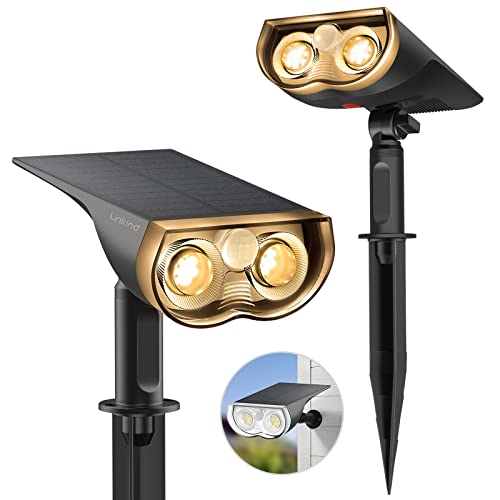 Linkind Luz solar com sensor de movimento, holofote solar exterior impermeável IP67, branco quente 3000 K 650lm, candeeiro solar exterior para jardim, terraço, relvado (2 peças)
