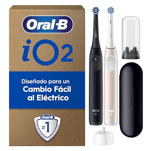 Oral-B iO 2 Pack de 2 escovas de dentes elétricas preto noite e rosa suave, 2 cabeças, 1 estojo de viagem, 1 suporte de substituição, 3 modos de escovagem, sensor de pressão e temporizador