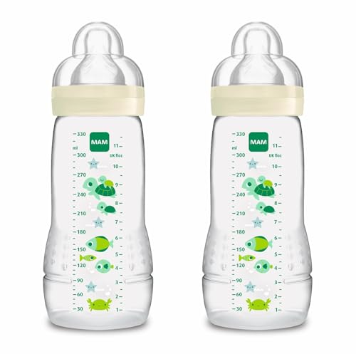 MAM Embalagem de 2 bibões, a partir de 4 meses, 330 ml, com Tetina 3 de fluxo rápido de silicone de fácil aceitação, fácil de segurar, fácil de limpar, MAM Easy Active, neutro brilhante, pack de 2