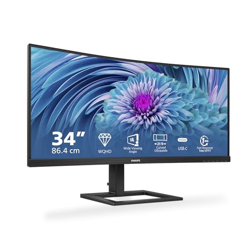 Philips Monitors 346E2CUAE/00-34" Curved 1500R, WQHD, 100Hz, 1ms, VA, Sync adaptador (3440 x 1440, 300cd/m, 2xHDMI, DisplayPort 1x1.2), preto