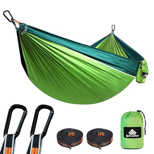 NATUREFUN Rede ultraleve para Camping| 300 kg de capacidade de carga, estilo paraquedas, de Nylon, respirável e de secagem rápida 2 mosquetões premium, 2 lingas de nylon incluídas.