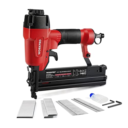 WORKPRO Pistola de unhas pneumática 18GA 2 em 1 com pregos, máquina de lavar pneumática, agrafador de ar comprimido para pregos, 15 - 50 mm e grampos 15 - 40 mm, com 400 pregos e 300 grampos