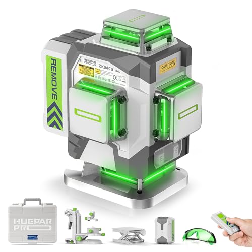 Huepar Pro Nível laser cruzado de linha 4 * 360° auto-nivelador com laser verde, nível de alta precisão em 4D com bateria de iões de lítio de 8000 mAh, controlo remoto e estojo rígido ZK04CG