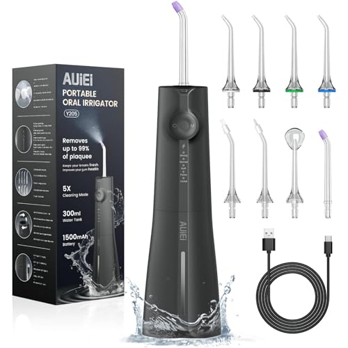 AUIEI Irrigador dentário, irrigador bucal portátil sem fios profissional 8 boquilhas 5 modos, USB recarregável para limpeza de dentes, IPX7 impermeável 300 ml, para casa e viagens (preto)