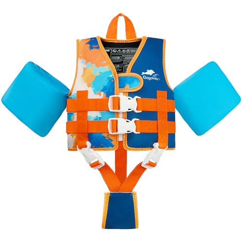 Gogokids Colete salva-vidas infantil com mangas para crianças, estilo casaco, flutuabilidade, flutuabilidade com alças ajustáveis, colete salva-vidas para crianças dos 2 aos 6 anos / 14 - 30 kg