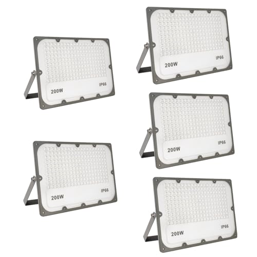 JBdusn Foco projetor LED 200 W, 5 peças super brilhante, 6500 K, luz de segurança LED IP66, à prova d'água, potente luzes LED Floodlight exterior, holofotes LED para casa, garagem, pátio, terraço,
