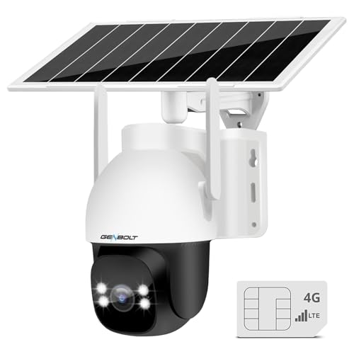 GENBOLT 4G LTE Câmara de vigilância exterior solar sem WiFi, 24/7 gravação AOV, 15600 mAh bateria 8 W painel solar, 2 K câmara de vigilância Sim, abertura F1.0, visão noturna em toda a cor, detecção