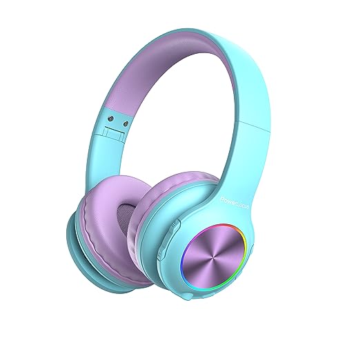 PowerLocus Auriculares sem fios diadema para crianças, capacetes Bluetooth com microfone incorporado, auriculares dobráveis, luz LED, suporte micro SD/TF, volume limitado seguro para telemóveis/PC/TV