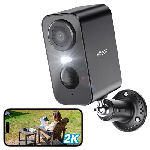 ieGeek 2K Câmara de vigilância WiFi exterior/interior sem cabos, câmara de vigilância exterior com bateria recarregável, visão noturna colorida de 10 m, deteção de movimento PIR, áudio de 2 vias