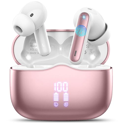 Auriculares sem fios Bluetooth, auriculares Bluetooth 5.4, 40H HiFi estéreo redução de ruído 4 Mic, IP7 impermeável capacetes sem fios com ecrã LED, carregamento rápido, ajuste confortável, ouro rosa