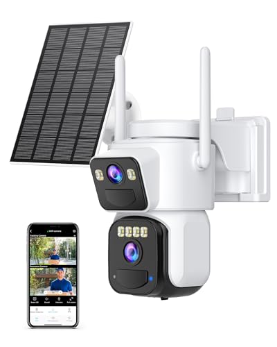Reobiux Câmara de vigilância WiFi exterior, 2,5 K com solar, lente dupla, câmaras de vigilância sem fios 2,4 G WiFi, deteção movimento PIR, áudio bi-direcional, visão noturna cor, IP66