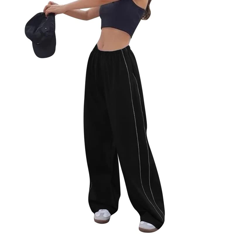 Litthing Calças cargo mulher calças com bolsos laterais elásticos reto para-chute Pants Hippies Harajuku Streetwear Hip Hop Pant largas vintage de cintura alta