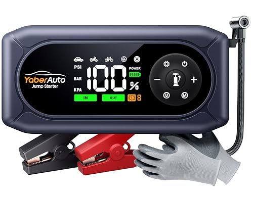 Arrancador de baterias de carro com compressor de ar, 4500A YaberAuto arranque de carro portátil (9,0 l gás/8,0 l gasel) com 150 PSI insuflador, luvas isolantes, tela grande e lanterna LED