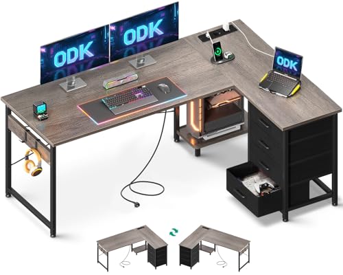 ODK Secretária de canto com gavetas, 155 × 110 cm, mesa em L com tomadas e porta de carregamento USB, secretária esquina reversível com armazenamento para escritório em casa, carvalho cinzento