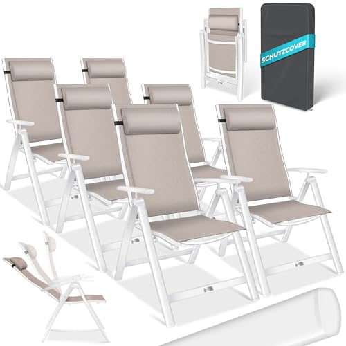 KESSER® Cadeira de jardim com encosto alto com apoios de braços, conjunto de 6 cadeiras dobráveis de alumínio com almofada e cobertura, cadeira de campismo de 7 posições, encosto ajustável, respirável
