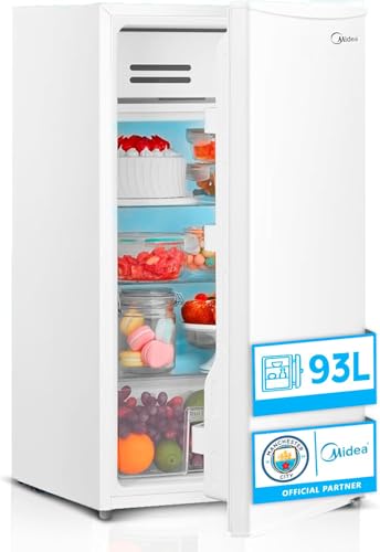 Midea Geladeira pequena 93 l, mini frigorífico compacto para casa e escritório, frigorífico pequeno baixo consumo sem congelador, mini bar silencioso para caravana e campismo com área fria de 0º/-3º