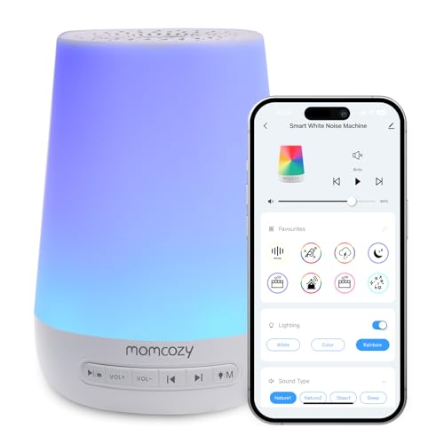Momcozy Máquina de ruído branco, som branco para bebé, crianças e adultos com 34 sons relaxantes, ruído branco bebé terapia de som, White Noise luz de 7 cores, controlo de aplicações, temporizador