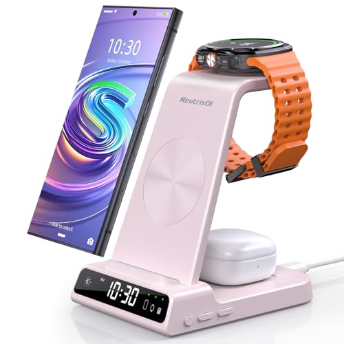 Carregador sem fios para Samsung, 3 em 1 Wireless Charger para Samsung für Galaxy S25 Ultra/S24/Z Flip 6, base de carregamento com relógio digital para Galaxy Watch Ultra/7/6, Galaxy Buds Pro 2