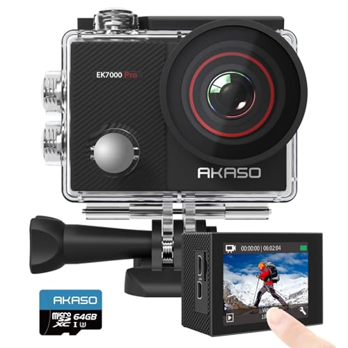 AKASO EK7000 Pro Câmara desportiva 4K com cartão de memória microSDXC de 64 GB câmara de ação 20 MP Wi-Fi câmara submergível aquática 40 m com controlo remoto EIS multi acessórios