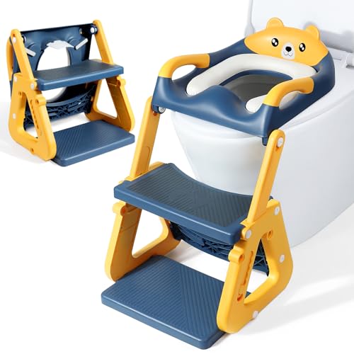 Orzbow Adaptador Wc crianças com escada, estabilizar redutor Wc crianças com estrutura triangular, pedal estendido e almofada de PVC impermeável, antiderrapante e dobrável, leve, azul amarelo