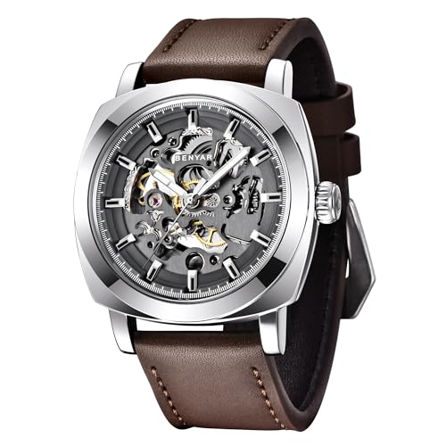 BENYAR - Relógio de pulso automático para homem | pulseira de couro | movimento dourado | mostrador esqueleto de 45 mm | resistente à água e aos riscos | Disponível em banda multicolorido