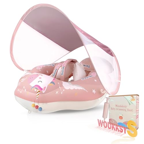 Flutuador bebé com guarda-chuva, Woukksy rosa flutuadores piscina bebés para 3 meses - 36 meses, bebé flutuador piscina assento com bola de equilíbrio para evitar voos