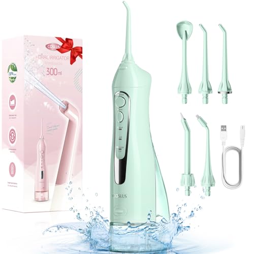 COSLUS Irrigador bucal portátil Flosser: 300 ml irrigador dental sem fios de rega para limpeza dentária duplo jato de água IPX7 impermeável limpeza dentes para casa casa casa de banho e viagens