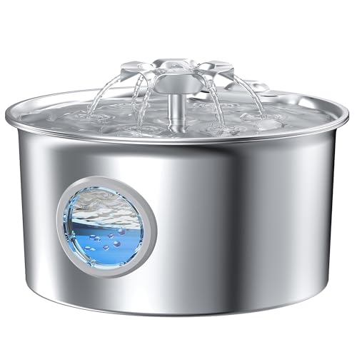 Fonte para gatos aço inoxidável: Bebedor gatos - 2,6 L fonte cães automático - silencioso bebé automático cão - dispensador água animal de estimação - cascata de flores - com janelas de perspectiva