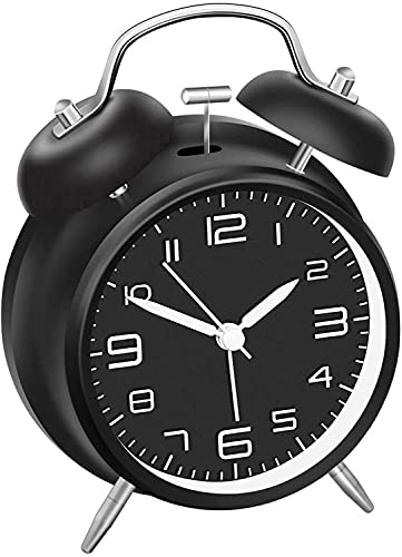 Jisile Despertador de sino duplo com luz noturna, retro para crianças, analógico, com mostrador grande de 4 polegadas, sem tiquetaque, silencioso, escolarização, criança (preto)