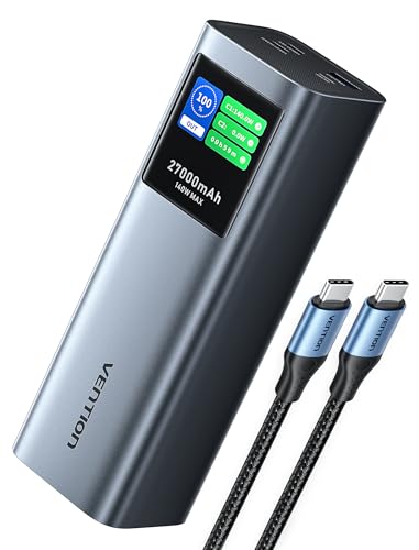 VENTION Power Bank 27000 mAh de 140 W, bateria externa de carregamento rápido com ecrã TFT, 3 portas USB-C/USB-A, compatível com MacBook Pro, iPhone 15/14/13, iPad Pro, Galaxy S24, DELL, HP e Plus