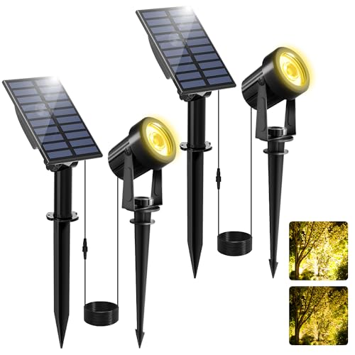 NATPOW Spot Solaire Exterieur, Lampe Solaires Exterieur Projecteur Solaire pour IP65, 2 Niveaux de Luminosité Eclairage de jardim Dusk to Dawn pour Arbres, Cor, Allée de jardim (3000 K)
