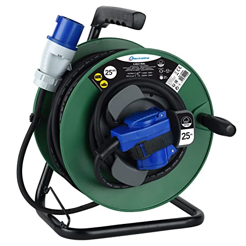 Electraline 49209 Enrolador de cabos elétrico de 25 m para campistas, campismo, caravana, com tomada CEE de 3 polos e tomada industrial IEC - IP44, verde / preto