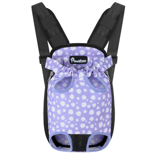 Pawaboo Mochila de cão - bolsa dianteira ajustável Pet Front Cat Dog Carrier Backpack/pernas fora e fácil de ajustar para viajar/fazer caminhadas/campismo, tamanho M, preto e púrpura margarida