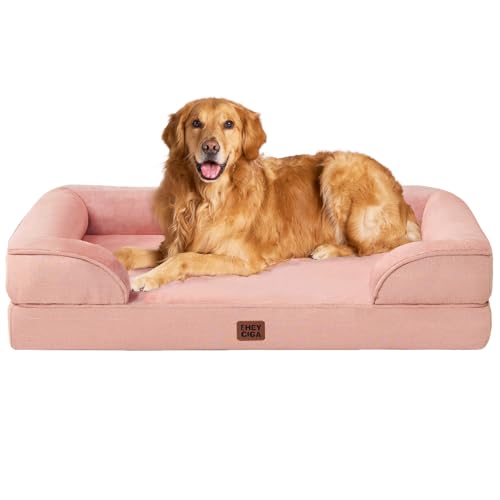 EHEYCIGA Cama extra grande para cão 112 x 81 x 16 cm, colchão cão impermeável lavável com espuma viscoelástica, sofá cão ortopédica removível, cinzento e rosa
