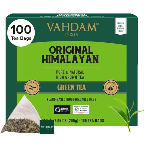 VAHDAM, Himalaian chá verde (100 pirâmidais sacos de chá) 100% puro e natural | embalado fresco na Índia | quente, frio ou como Kombucha