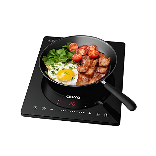 CIARRA CBTIH1 Placa de indução portátil 1 fogo 2000 W de potência em 8 níveis design em painel de cerâmica de alta resistência, controlo tátil, temporizador, fácil limpeza
