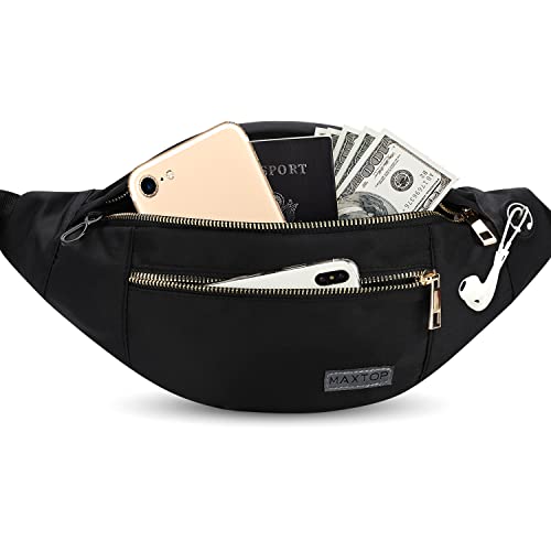 Bolsa de cintura unissexo com conetor para auriculares e 3 bolsos com fecho de correr, cinto ajustável, bolsa para treino ao ar livre, viagens, casual, corrida, caminhadas