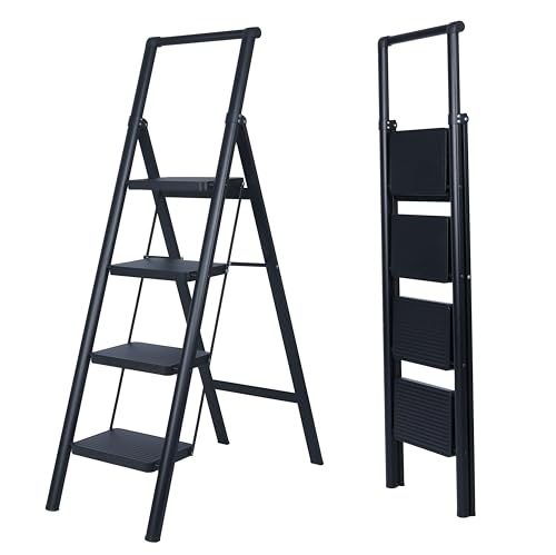 UZIRO Escada dobrável 4 degraus, leve e compacta, design decorativo, degraus largos antiderrapantes, ideal para uso em casa, cozinha e escritório, fácil de guardar e transportar, alta durabilidade