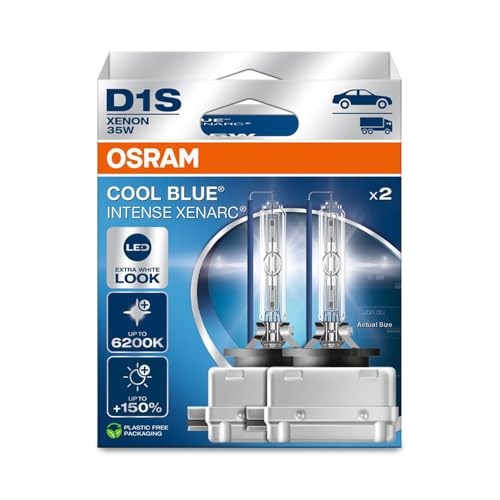 OSRAM XENARC COOL BLUE INTENSE D1S, +150% mais brilho, até 6200K, candeeiro de farol de xenon, aparência LED, caixa dobrável para pendurar (2 lâmpadas)